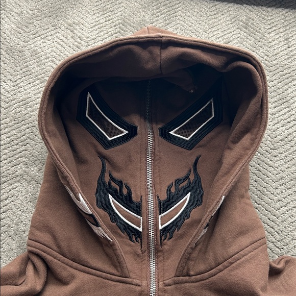 Heboz Zip Up Hoodie Brown Embroidered Graphic Mask Hood Streetwear Size M unisex - Picture 6 of 11